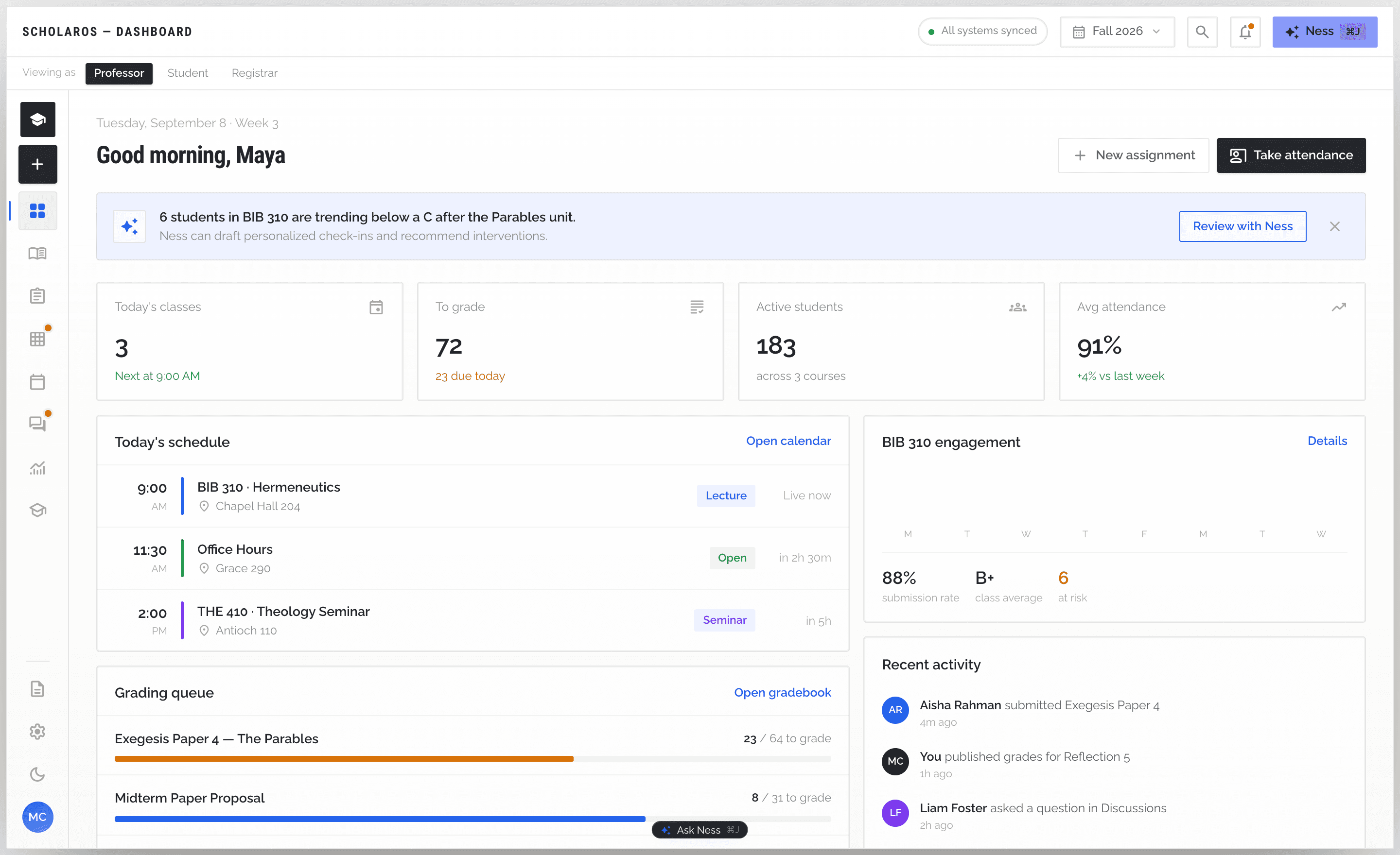 The ScholarOS dashboard: a professor's classes, grading queue, and student engagement laid out in one quiet workspace.